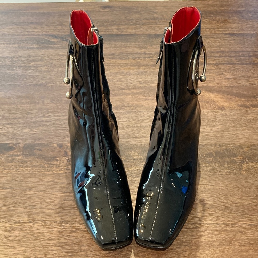 Glossy Black Ankle Boots with Red Lining